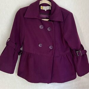 Ci Sono Purple Pea Coat with Wide Collar Buckle Detail on Sleeve